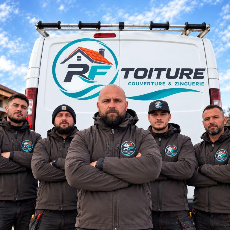 photo de l’équipe RF Toiture devant son camion professionnel à Marseille. 