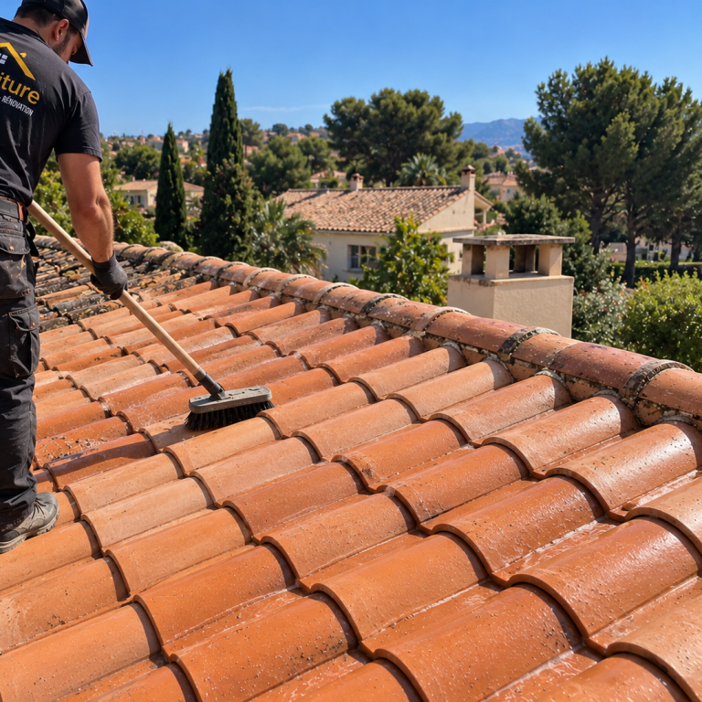 Nettoyage de toiture par un artisan couvreur à Marseille – RF Toiture Artisan couvreur réalisant le nettoyage d’une toiture en tuiles à Marseille.