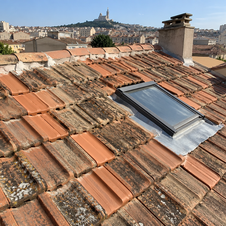 Toiture en tuiles plates avec Velux à Marseille – Avant travaux Toiture en tuiles plates marseillaises avec fenêtre de toit Velux avant réparation