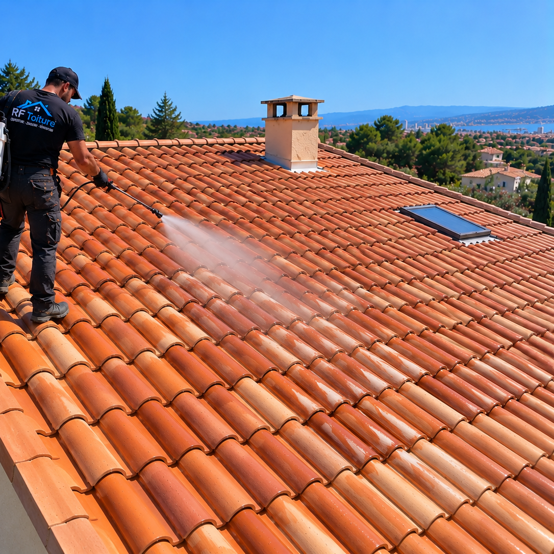 Traitement hydrofuge d’un pan de toiture à Marseille – RF Toiture Artisan couvreur appliquant un traitement hydrofuge sur un pan de toiture en tuiles à Marseille.