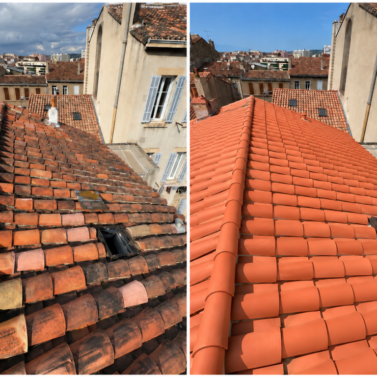 Comparaison avant et après rénovation d'une toiture à Marseille, montrant l'ancienne couverture et le toit entièrement rénové avec des tuile
