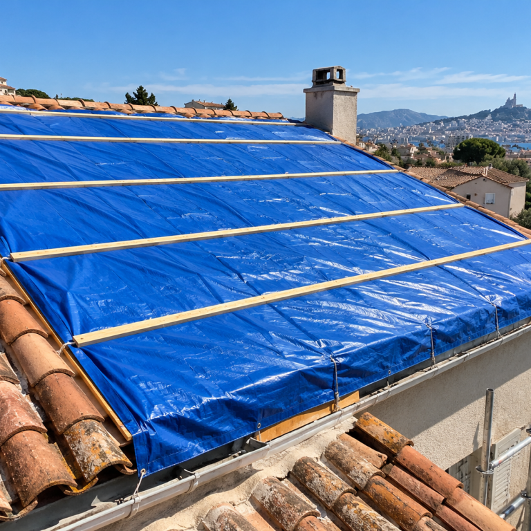 Bâchage d'urgence d'une toiture à Marseille – Tuiles cassées Pan de toiture recouvert d'une bâche bleue après plusieurs tuiles cassées, pour limiter les infiltrations d'eau à Marseille