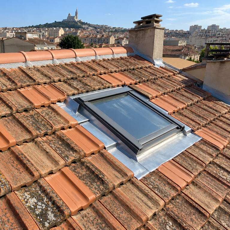 Réparation de toiture avec Velux à Marseille – Après travaux Toiture en tuiles plates marseillaises après travaux, avec étanchéité en zinc autour du Velux, faîtage rénové et plusieurs tuiles remplacées