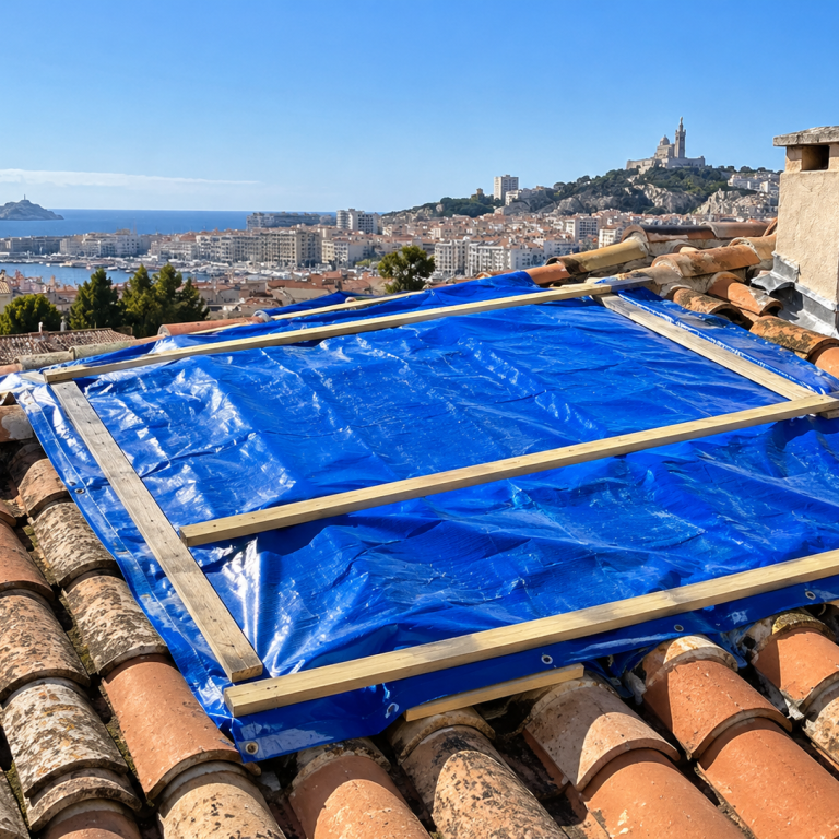 Bâchage d'urgence de toiture à Marseille. Partie de toiture recouverte d'une bâche bleue pour protéger provisoirement l'habitation contre les infiltrations d'eau. »