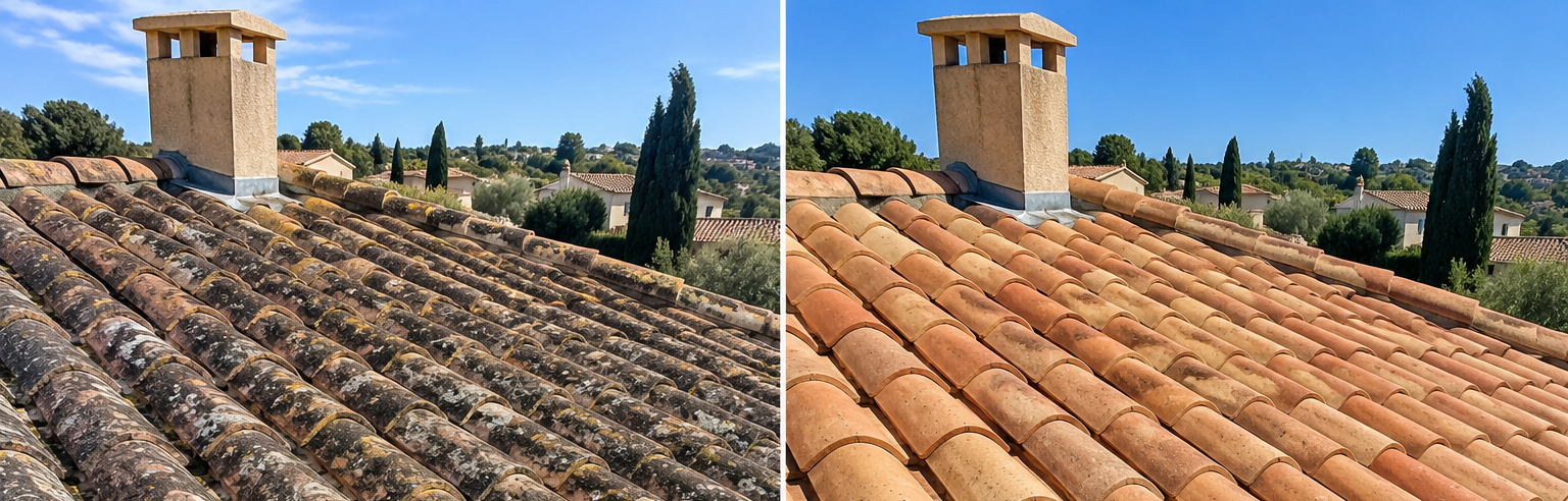 Nettoyage de toiture avant-après à Marseille – RF Toiture Avant-après d’un nettoyage de toiture à Marseille par RF Toiture, montrant des tuiles sales puis nettoyées.