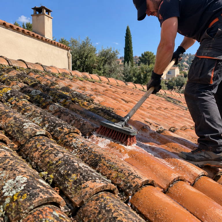 Brossage et nettoyage de toiture à Marseille – RF Toiture Artisan en train de brosser les tuiles d’une toiture pour éliminer les mousses et salissures à Marseille.