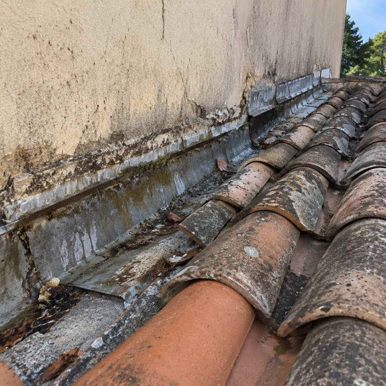 Solin de toiture dégradé à Marseille – Avant réparation Ancienne toiture avec solin détérioré nécessitant une réparation d’étanchéité.