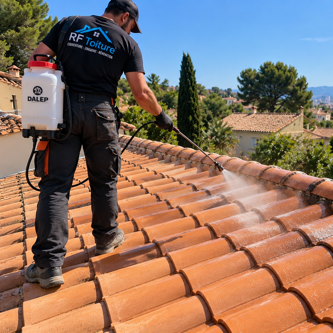 Application d’un traitement hydrofuge incolore sur toiture à Marseille – RF Toiture Artisan couvreur appliquant un traitement hydrofuge incolore sur une toiture en tuiles à Marseille.