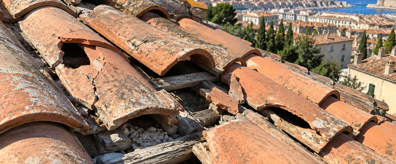 Tuiles cassées sur une toiture à Marseille Tuiles cassées, avec des trous et des dégradations causant des infiltrations d'eau.