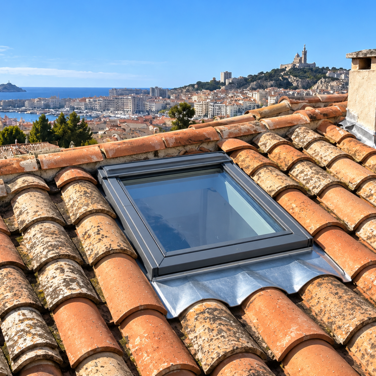 Réparation de Velux et étanchéité en zinc à Marseille Fenêtre de toit Velux avec entourage en zinc neuf après travaux de réparation de l’étanchéité.